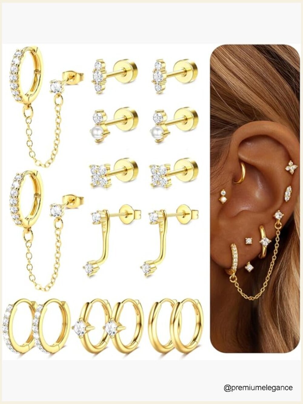 Hypoallergenic Flatback Stud Hoop Earrings Set Surgical Steel 14K Gold Plated